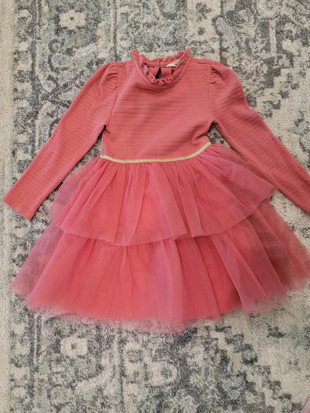 Girls' Pink Tiered Tulle Dress with Gold Waistband Mini Boden